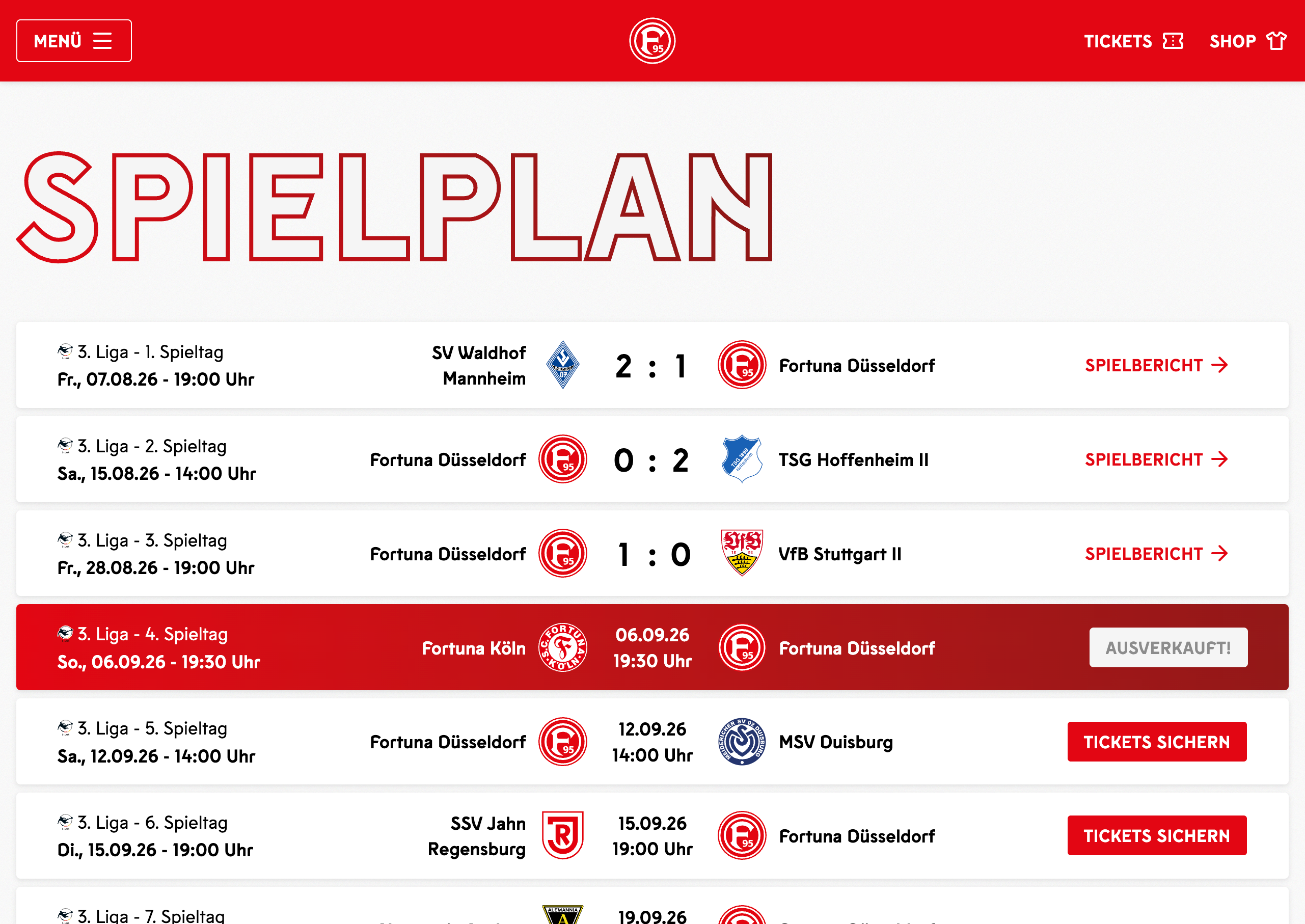 Startseite der neuen Fortuna-Düsseldorf-Website mit großem Spieltagsbanner, aktuellen News und Spielplan-Kacheln.