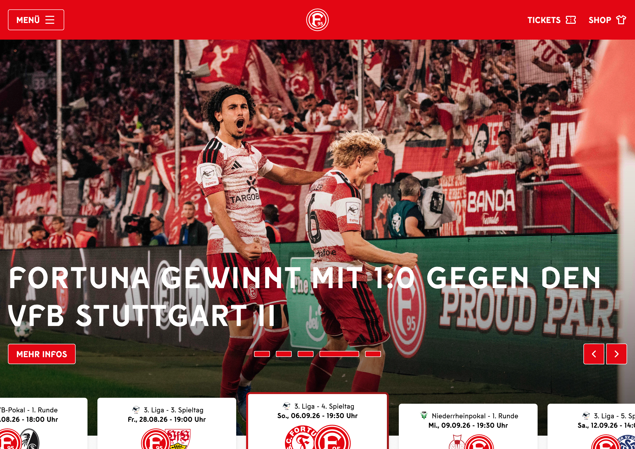 Spielplan-Seite mit chronologischer Übersicht aller Spiele, Ergebnissen und Ticket-Zugriff für kommende Begegnungen.